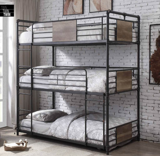 Triple Bunk bed in Metal with Accent Wood Planks