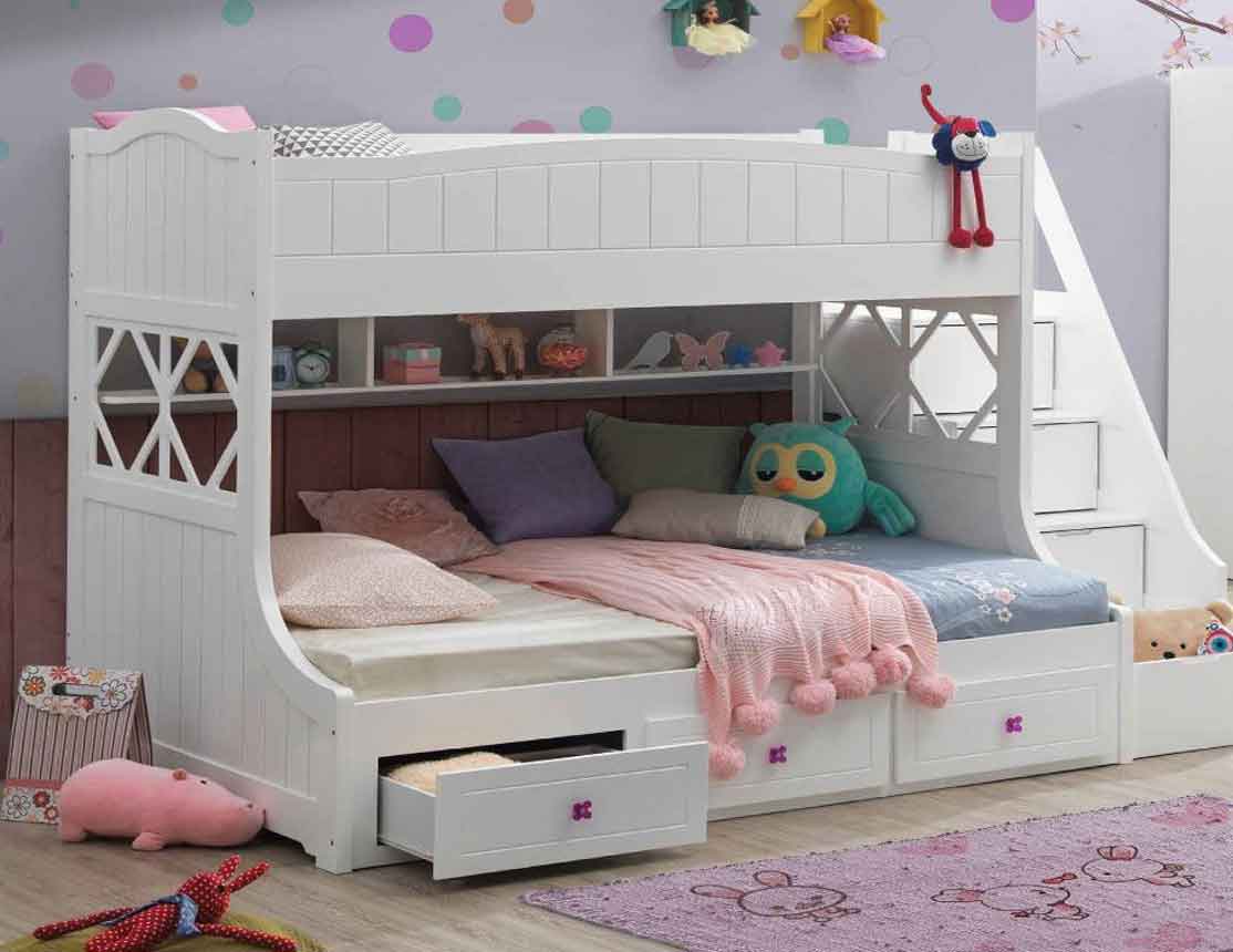 Twin Over Twin White Wood Bunk Bed with Shelves and Stairs