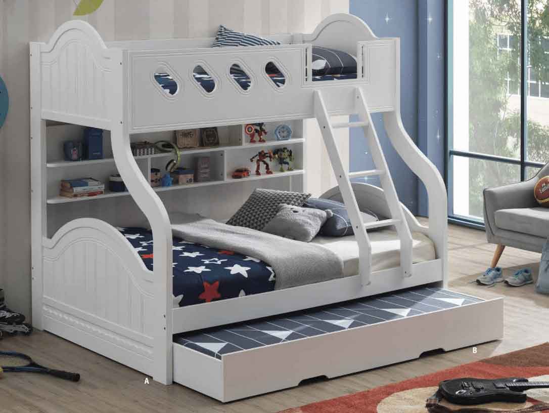 White Twin-Over-Twin Bunk Bed with Storage and Trundle 