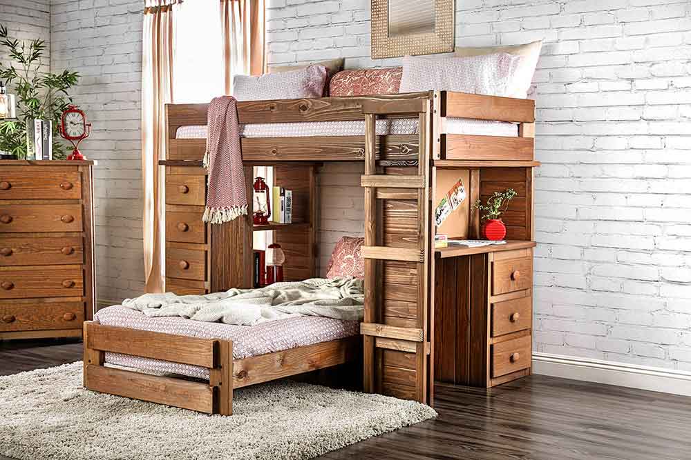 Rustic Twin Bunk Bed with Desk and Storage Drawers