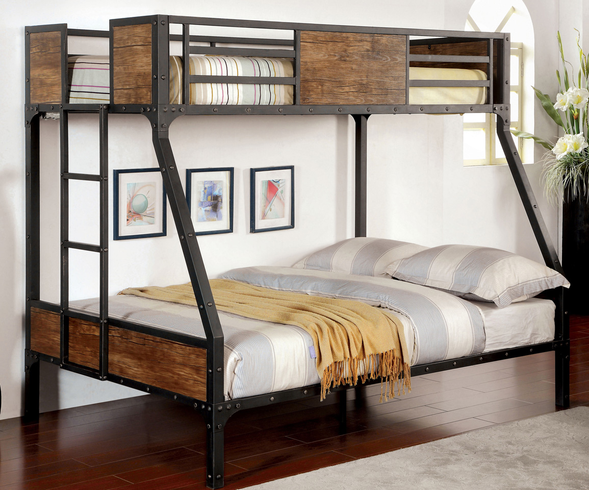 Industrial Metal Wood Twin Full Bunk Bed