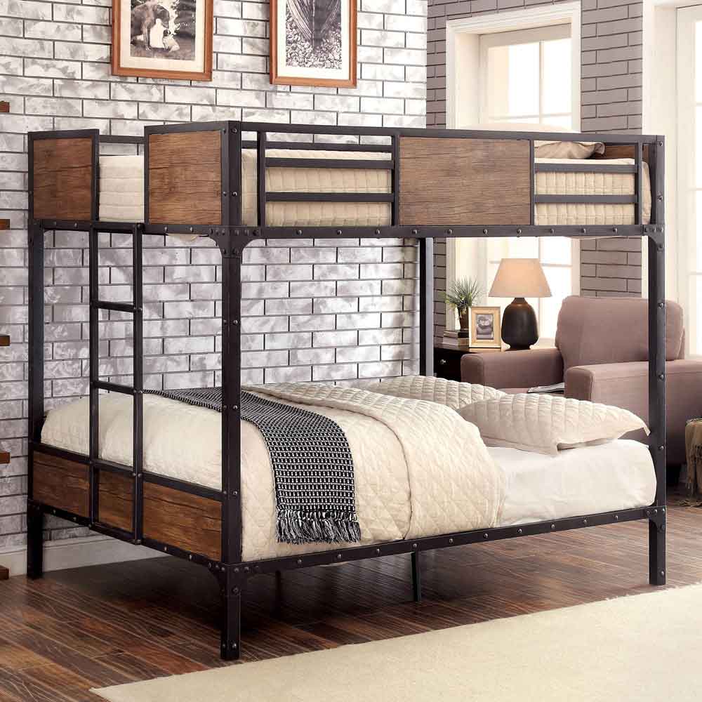 Industrial Metal Wood Full Bunk Bed