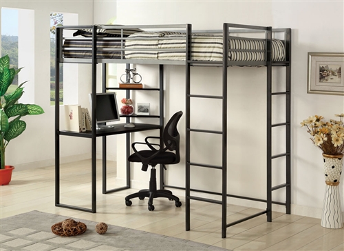 Black Metal Loft Bed with Desk and Open Shelving