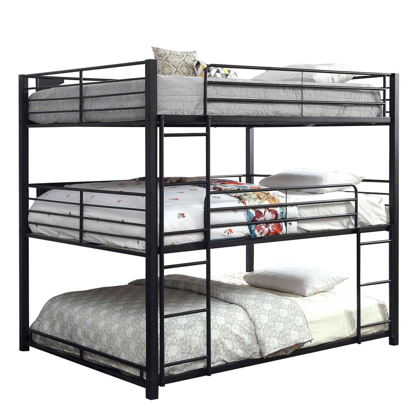 Triple queen bunk bed in black metal frame with three stacked beds