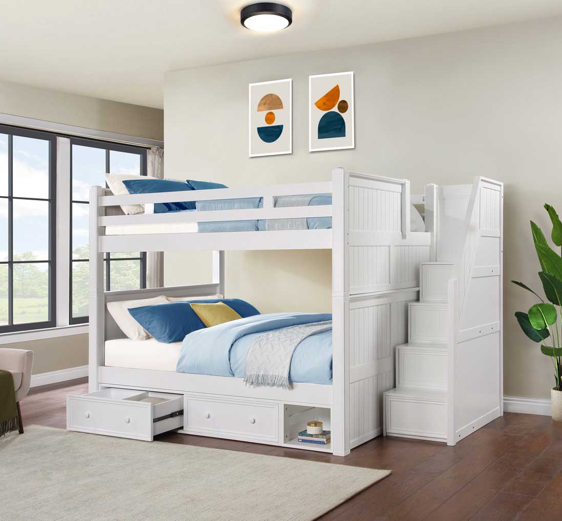 White Convertible Bunk Bed with Storage Stairs and Drawers