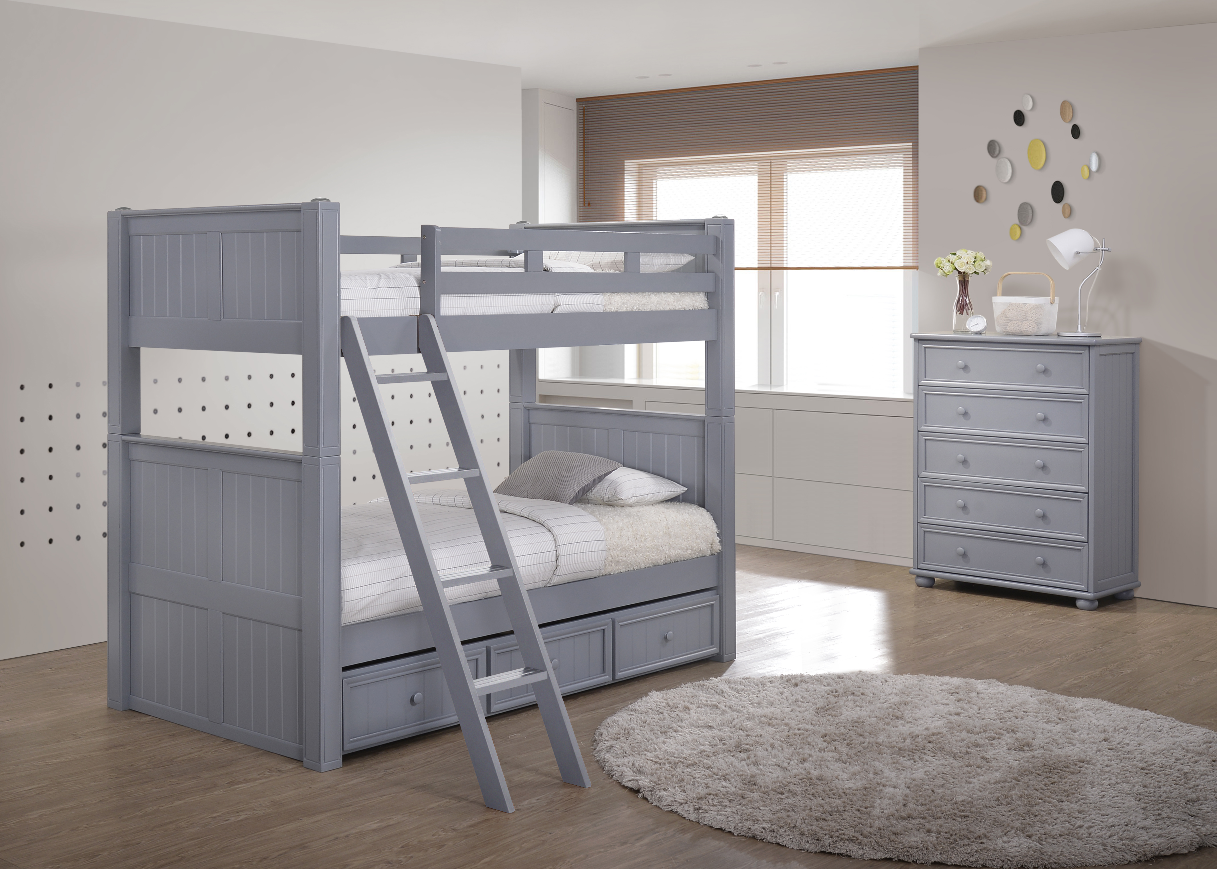 Classic Gray Twin Wood Bunk Bed with Ladder and Drawers