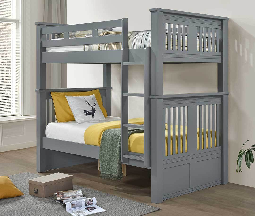 Gray wooden bunk bed with mission-style slatted headboards and a built-in ladder