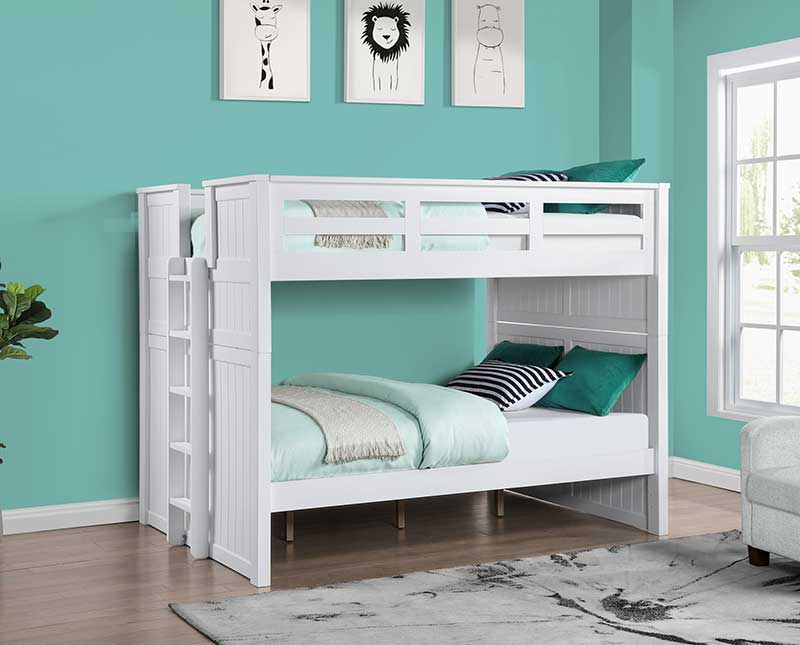 White Wooden Adult Bunk Bed – Twin Over Twin Layout with Vertical Ladder