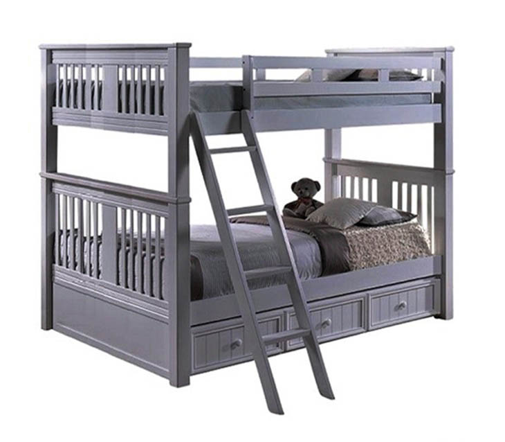 Gray Queen Wood Bunk Bed with Ladder and Storage Drawers