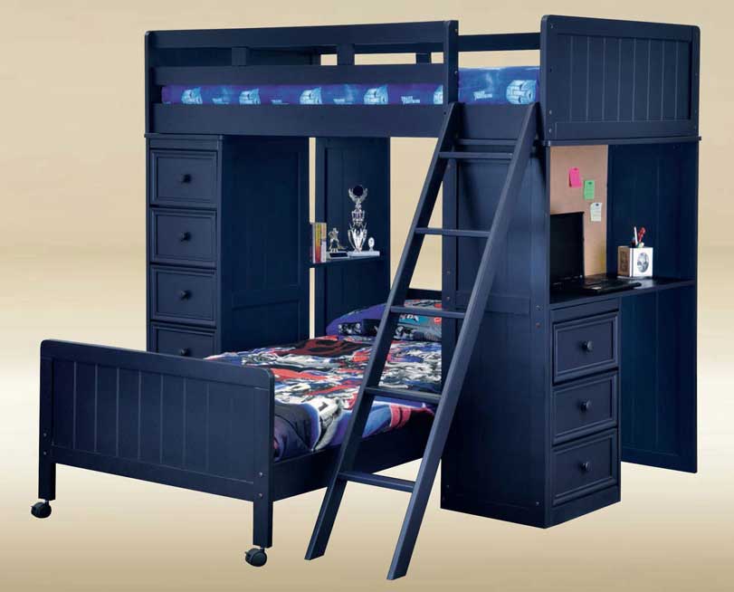 Navy Blue Loft Bed with Desk and Storage Drawers