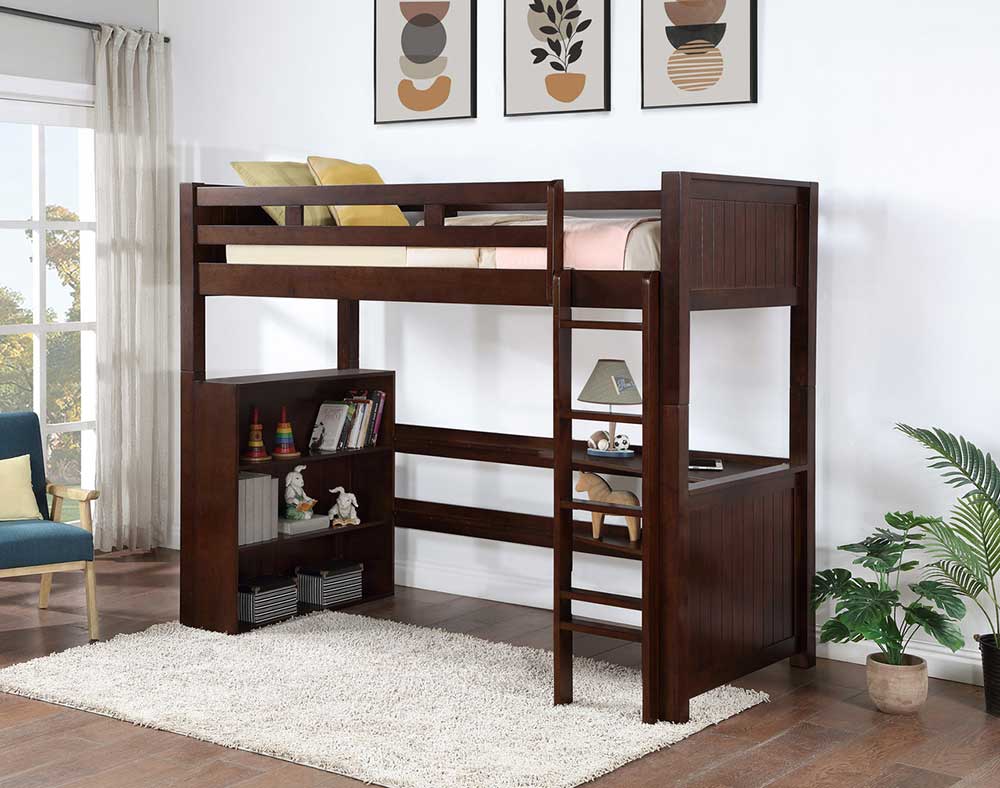  Convertible Wooden Loft Bed with Bookcase and Ladder