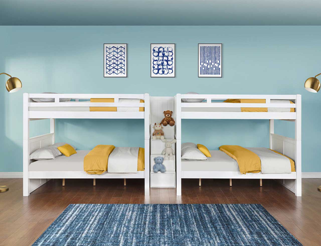  Stylish white queen bunk beds with centrally placed stairs, designed for functionality and comfort in large bedrooms.