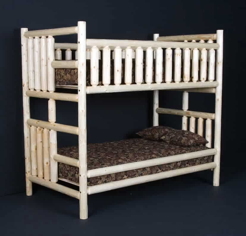 Rustic log wooden queen bunk beds crafted from solid pine, perfect for lodges, cabins, or natural-themed interiors.