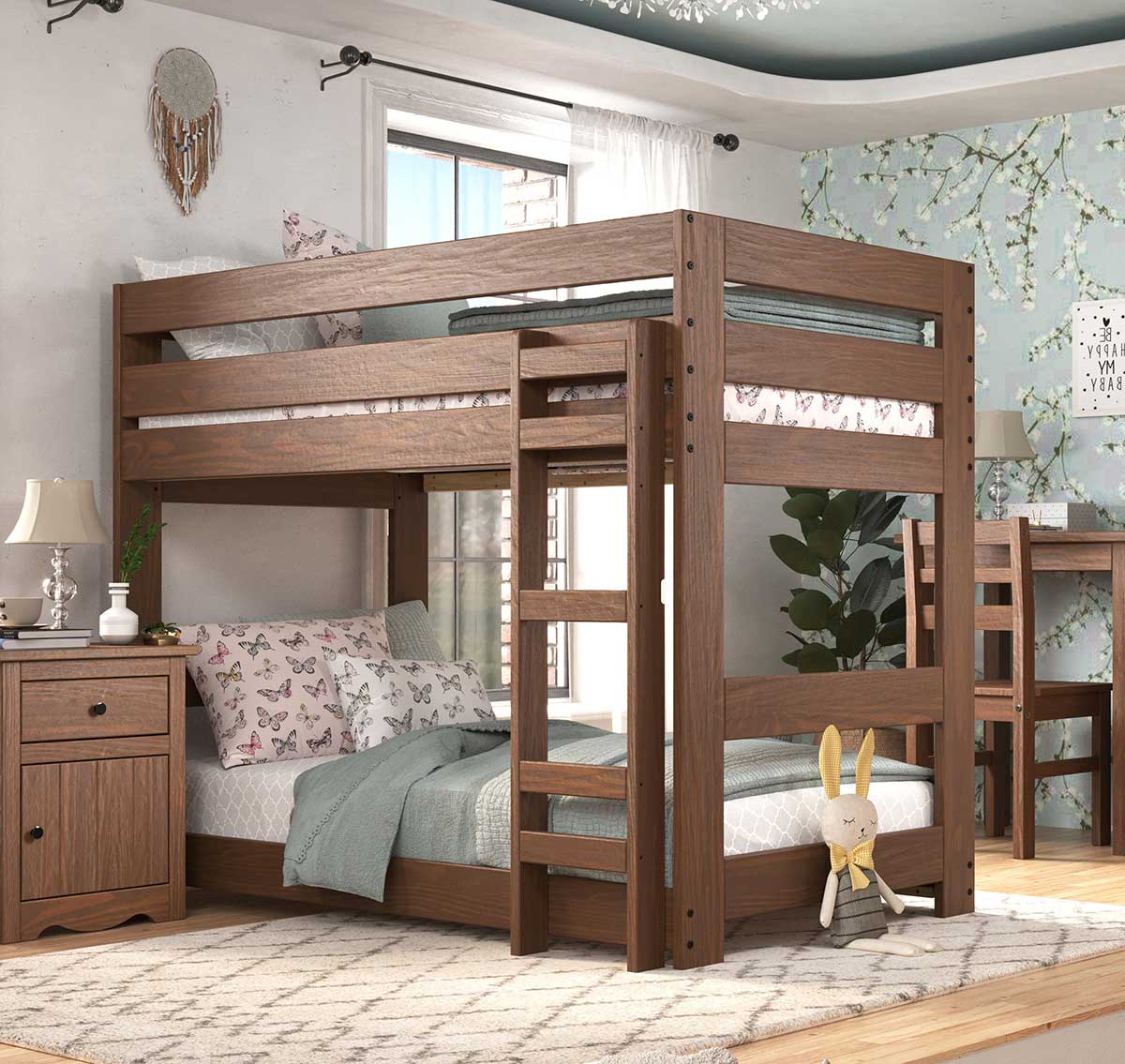 Elegant wooden adult bunk bed in a rustic room setting.